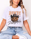 Model wearing ash color shirt with 'Howdy Pumpkin' Halloween graphic design