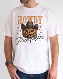 Model wearing white color shirt with 'Howdy Pumpkin' Halloween graphic design