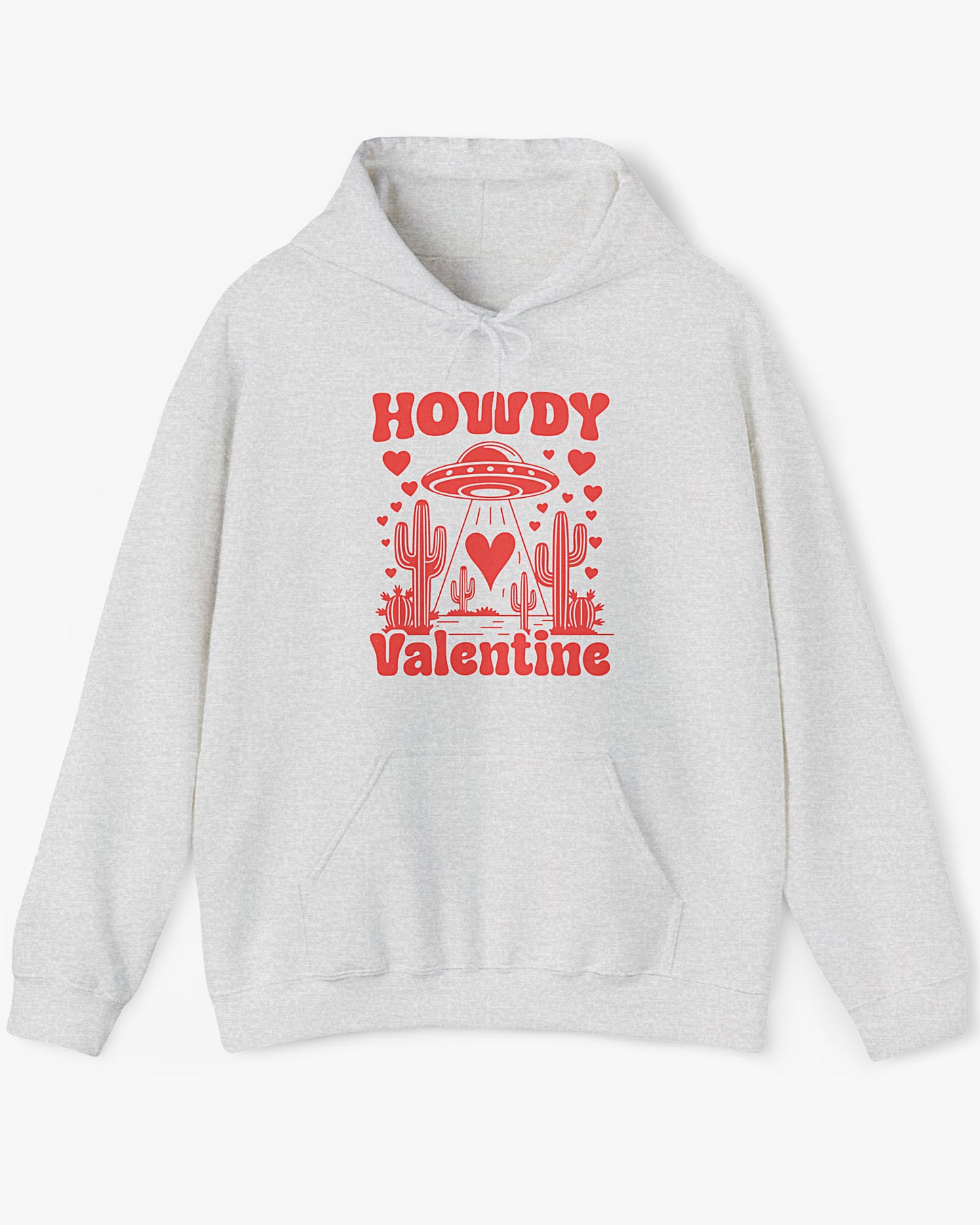 Flat lay ash gray Howdy Valentine hoodie featuring a retro western desert scene with a UFO and floating hearts graphic.