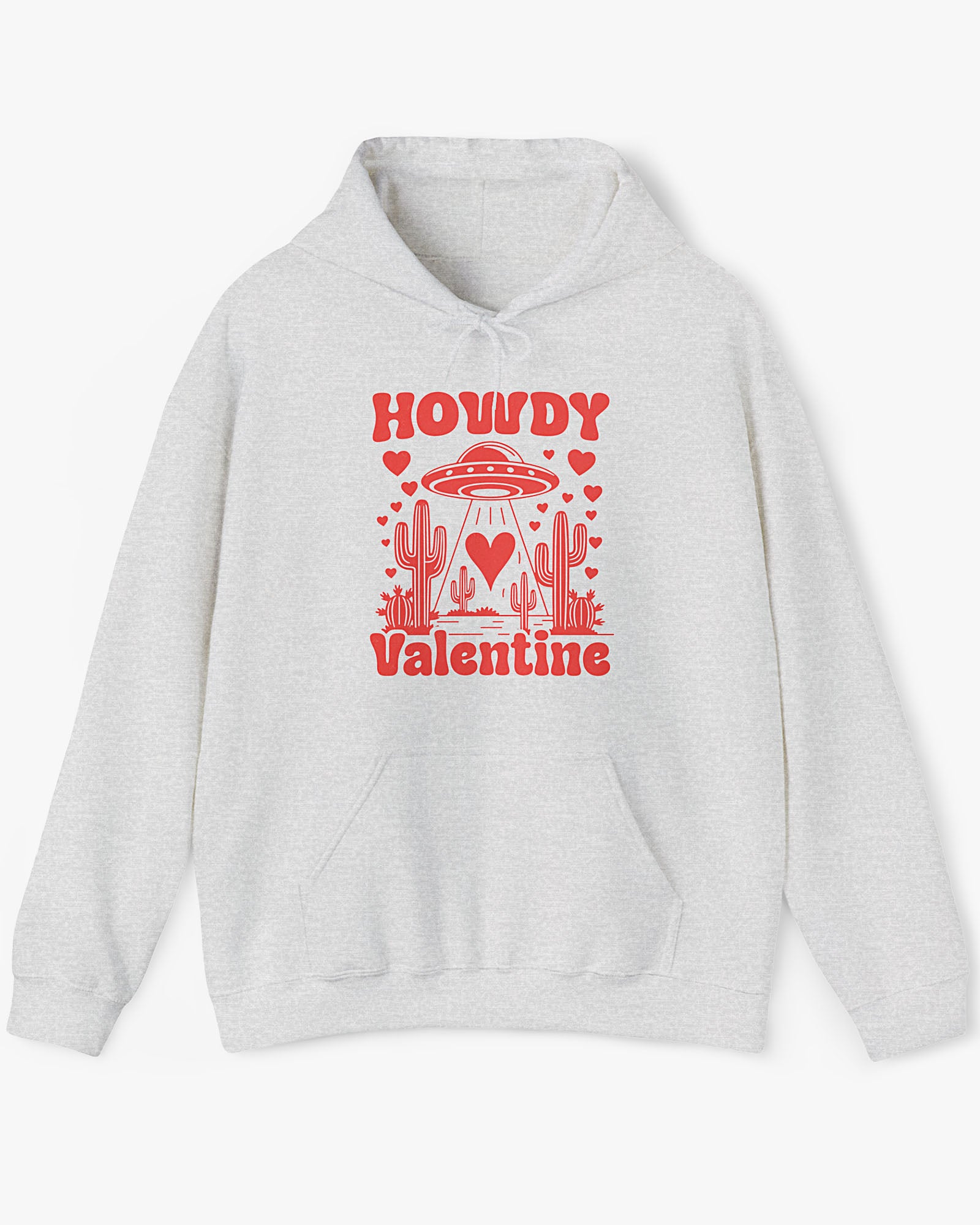 Flat lay ash gray Howdy Valentine hoodie featuring a retro western desert scene with a UFO and floating hearts graphic.