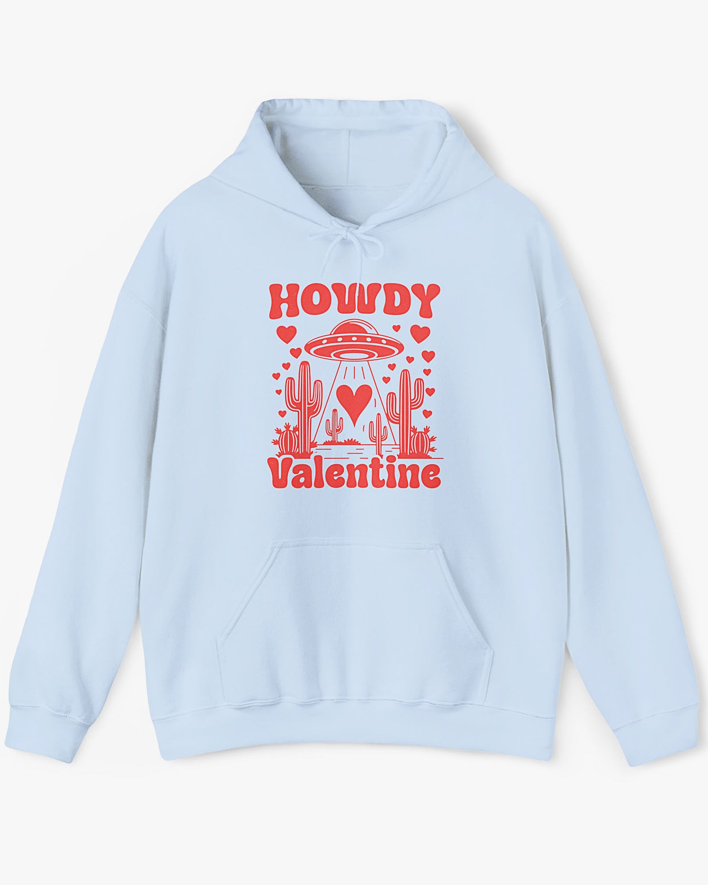Flat lay light blue Howdy Valentine hoodie featuring a retro western desert scene with a UFO and floating hearts graphic.
