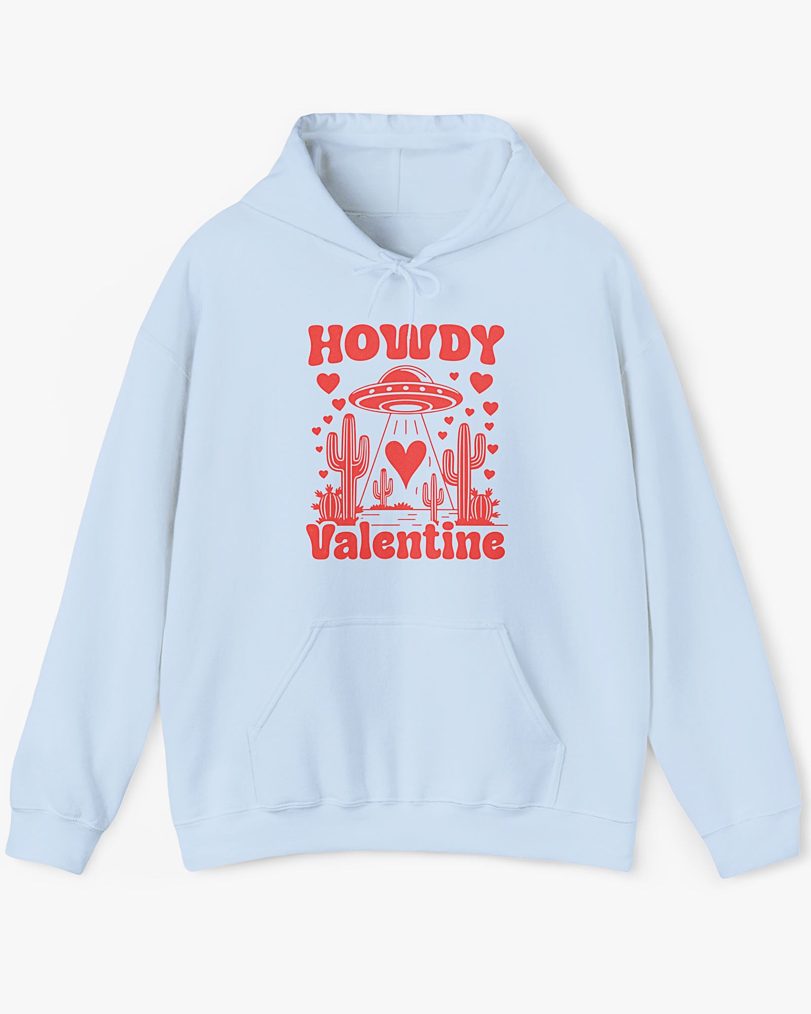 Flat lay light blue Howdy Valentine hoodie featuring a retro western desert scene with a UFO and floating hearts graphic.