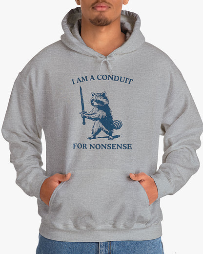 Man wearing a sport gray 'I Am A Conduit For Nonsense' hoodie with a funny retro raccoon holding a sword graphic