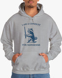Man wearing a sport gray 'I Am A Conduit For Nonsense' hoodie with a funny retro raccoon holding a sword graphic