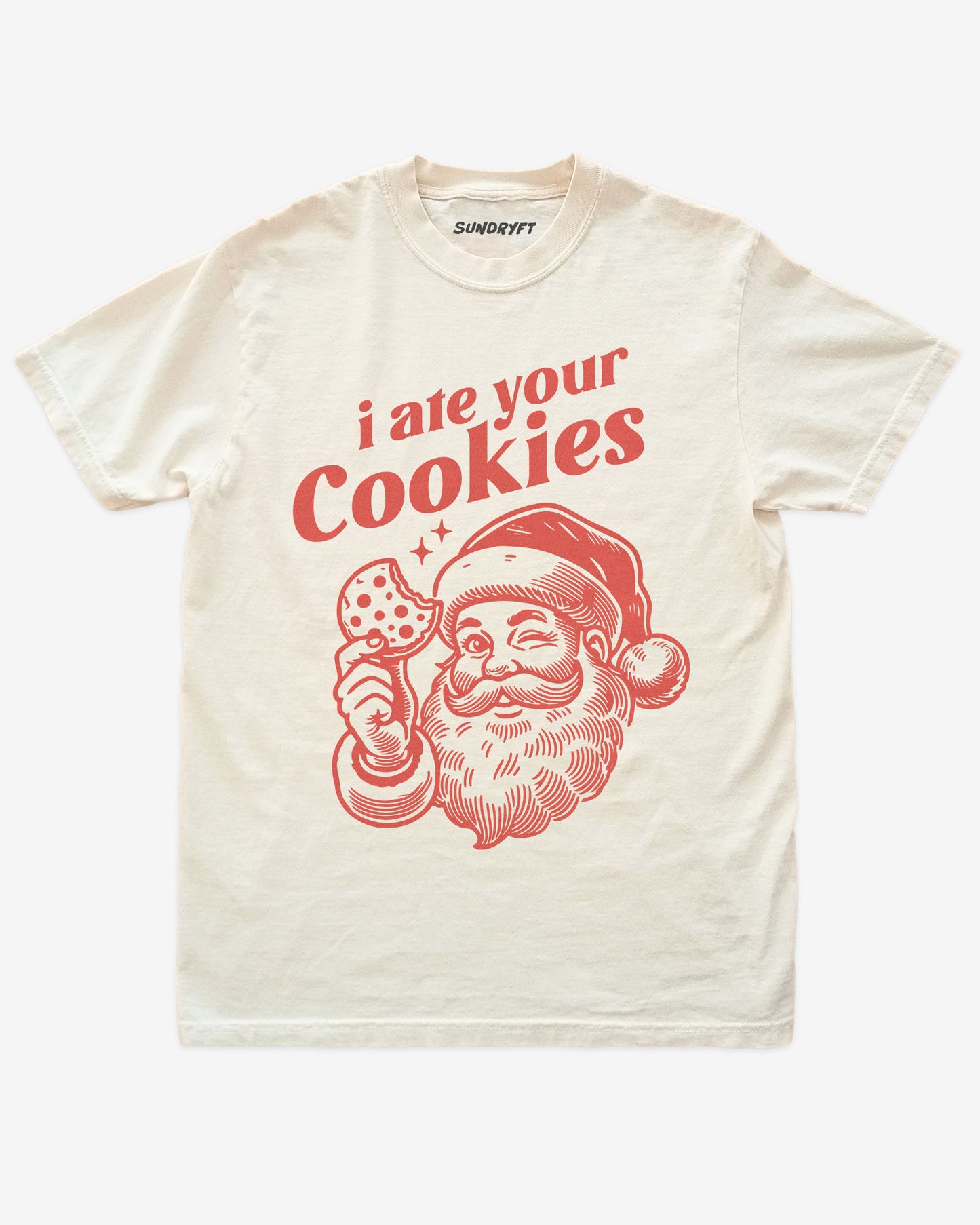Ivory shirt with funny Santa and “I Ate Your Cookies” Christmas design