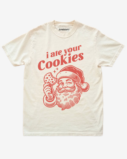 Ivory shirt with funny Santa and “I Ate Your Cookies” Christmas design