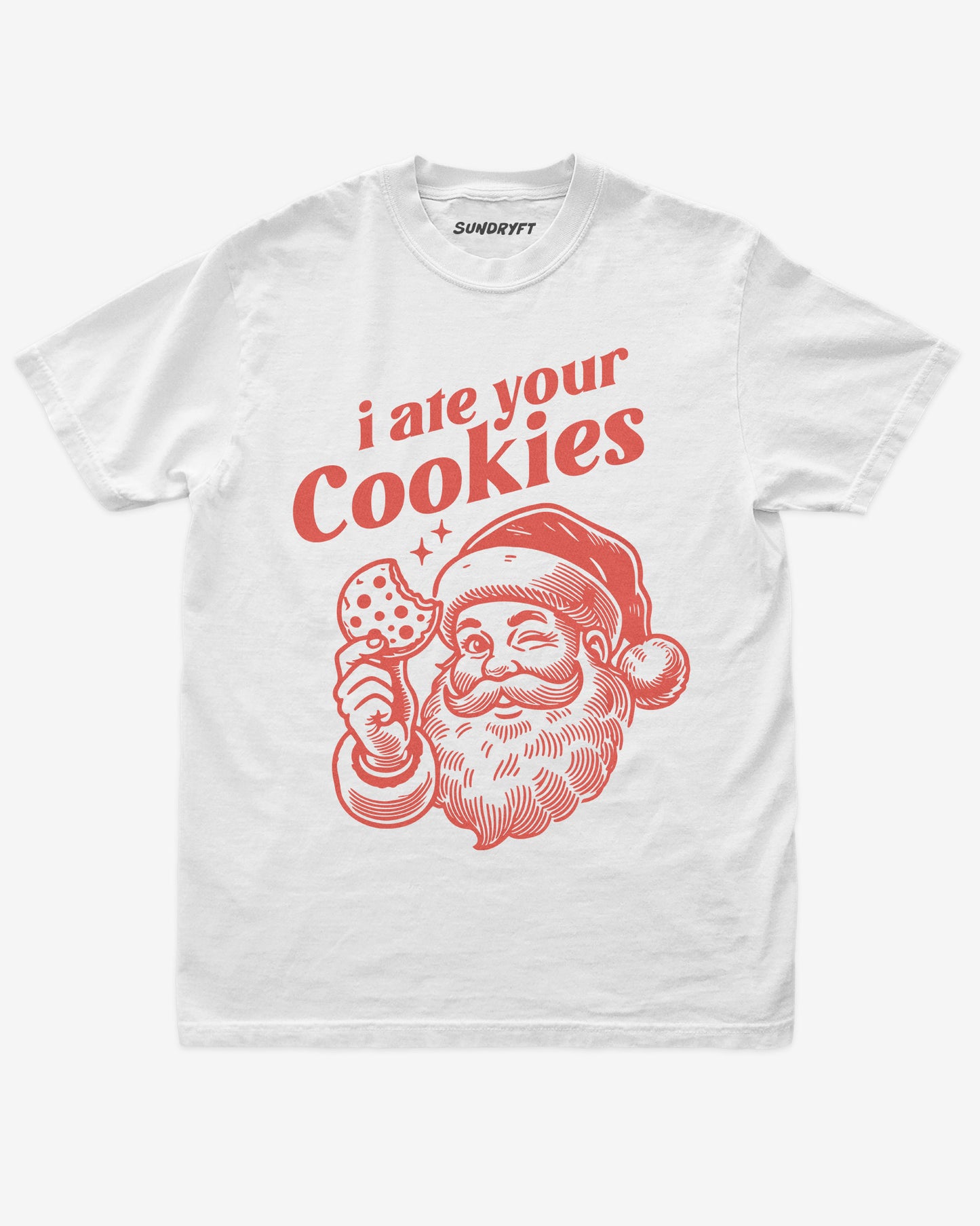 White shirt with funny Santa and “I Ate Your Cookies” Christmas design