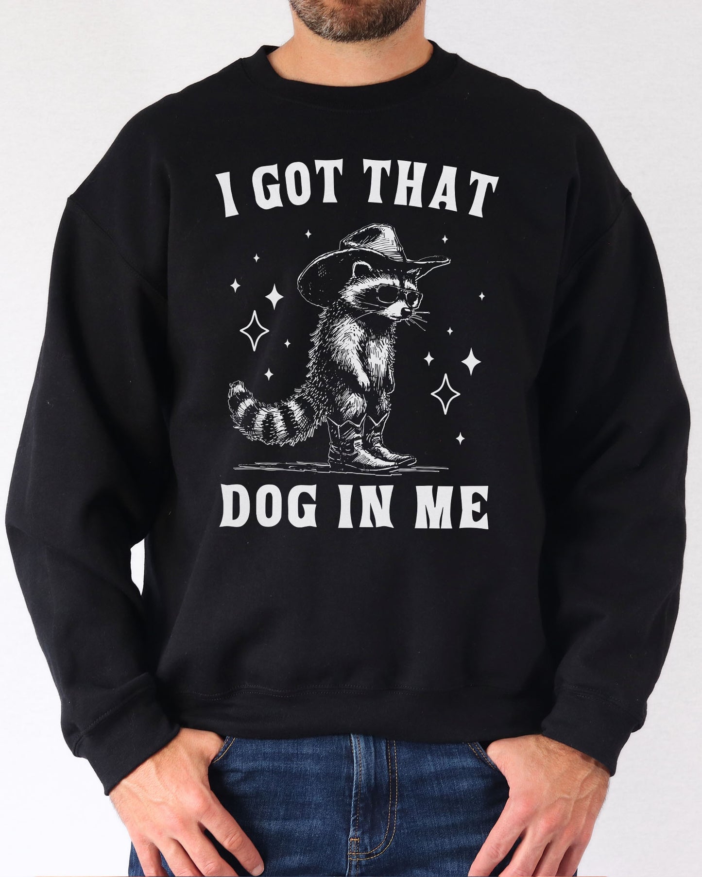Man wearing a black sweatshirt featuring a funny retro cowboy raccoon graphic and the quote 'I Got That Dog In Me'.