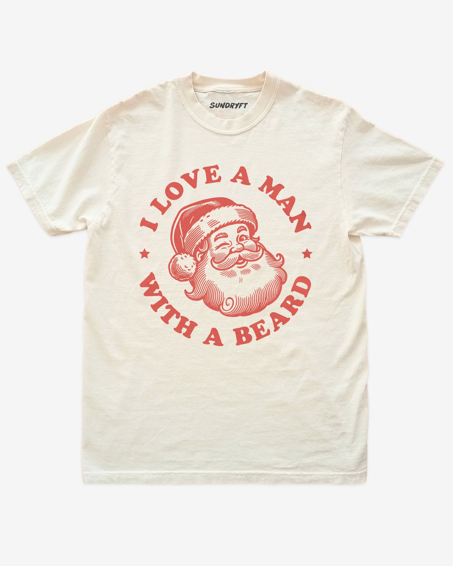 I Love A Man With A Beard shirt in ivory with Santa Clause graphic