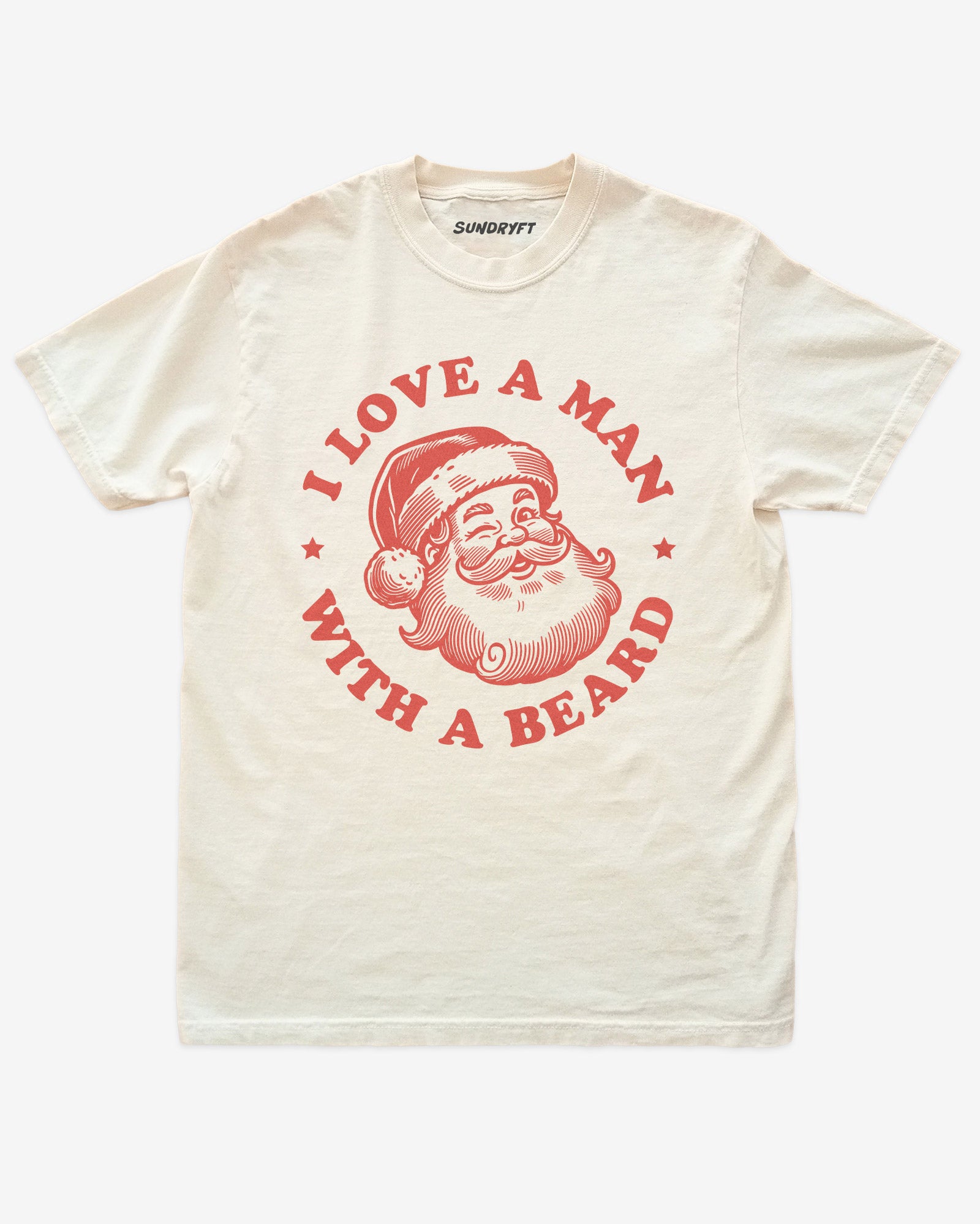 I Love A Man With A Beard shirt in ivory with Santa Clause graphic