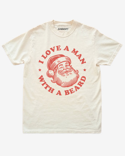 I Love A Man With A Beard shirt in ivory with Santa Clause graphic