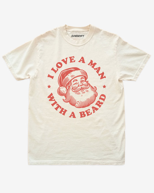 I Love A Man With A Beard shirt in ivory with Santa Clause graphic