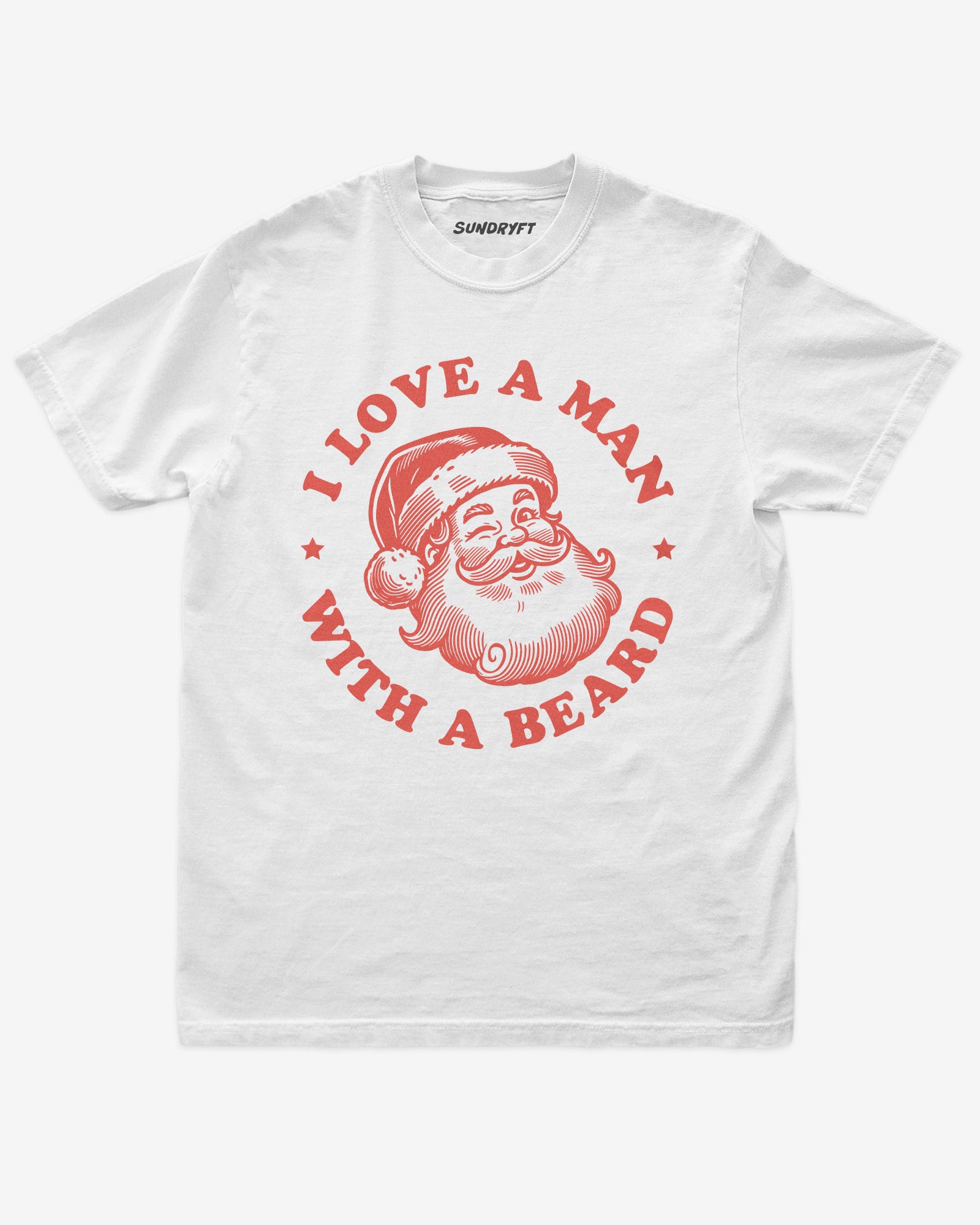 I Love A Man With A Beard shirt in white with Santa Clause graphic