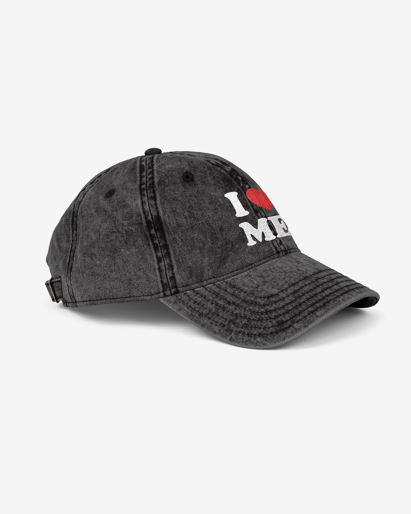 Side view of "I Love Me" embroidered vintage cap in black