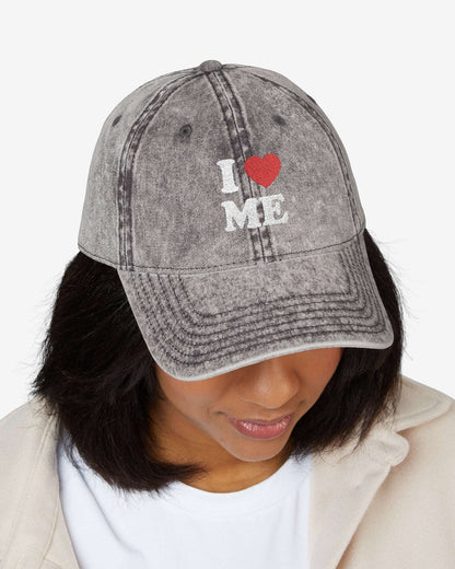 Woman wearing "I Love Me" embroidered vintage cap in charcoal gray