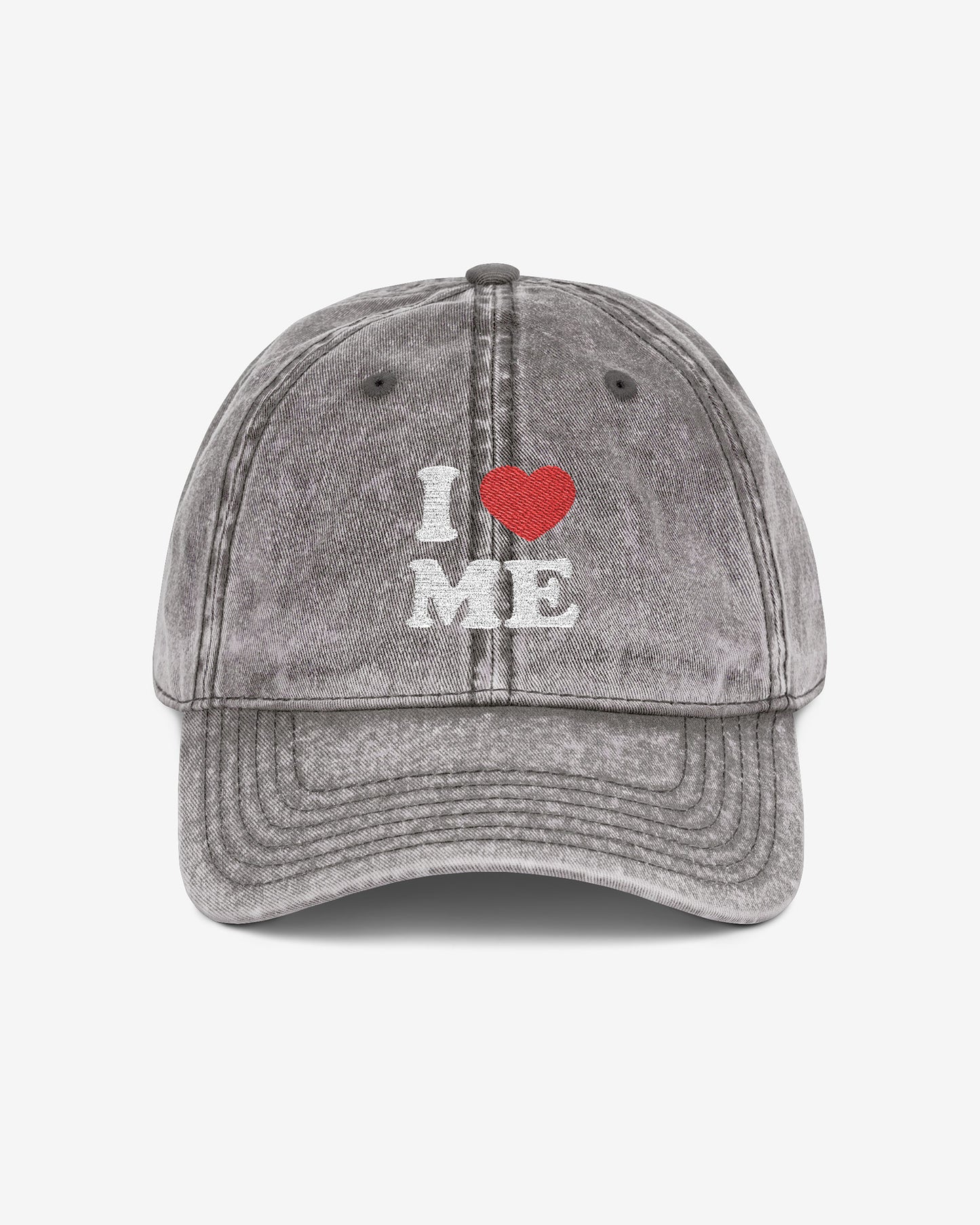 I Love Me embroidered vintage cap in charcoal gray