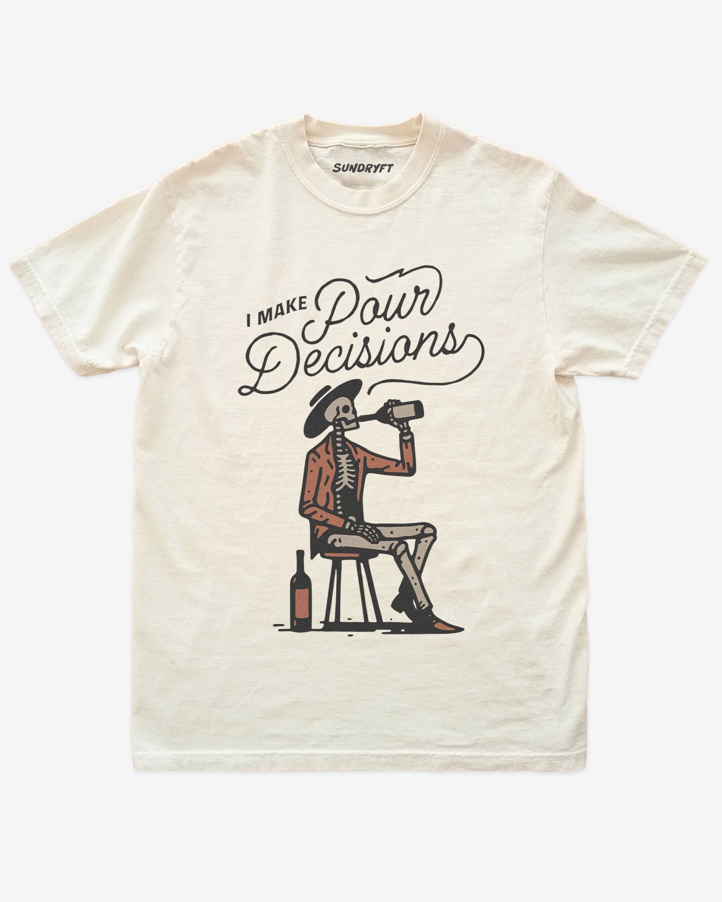 I Make Pour Decisions shirt in ivory with retro graphic cowboy skeleton drinking wine