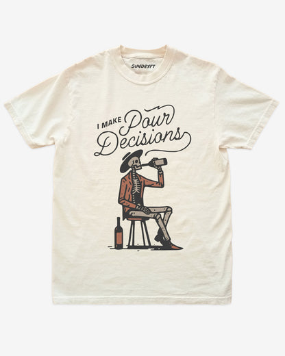 I Make Pour Decisions shirt in ivory with retro graphic cowboy skeleton drinking wine