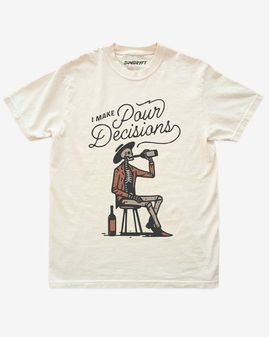 I Make Pour Decisions shirt in ivory with retro graphic cowboy skeleton drinking wine