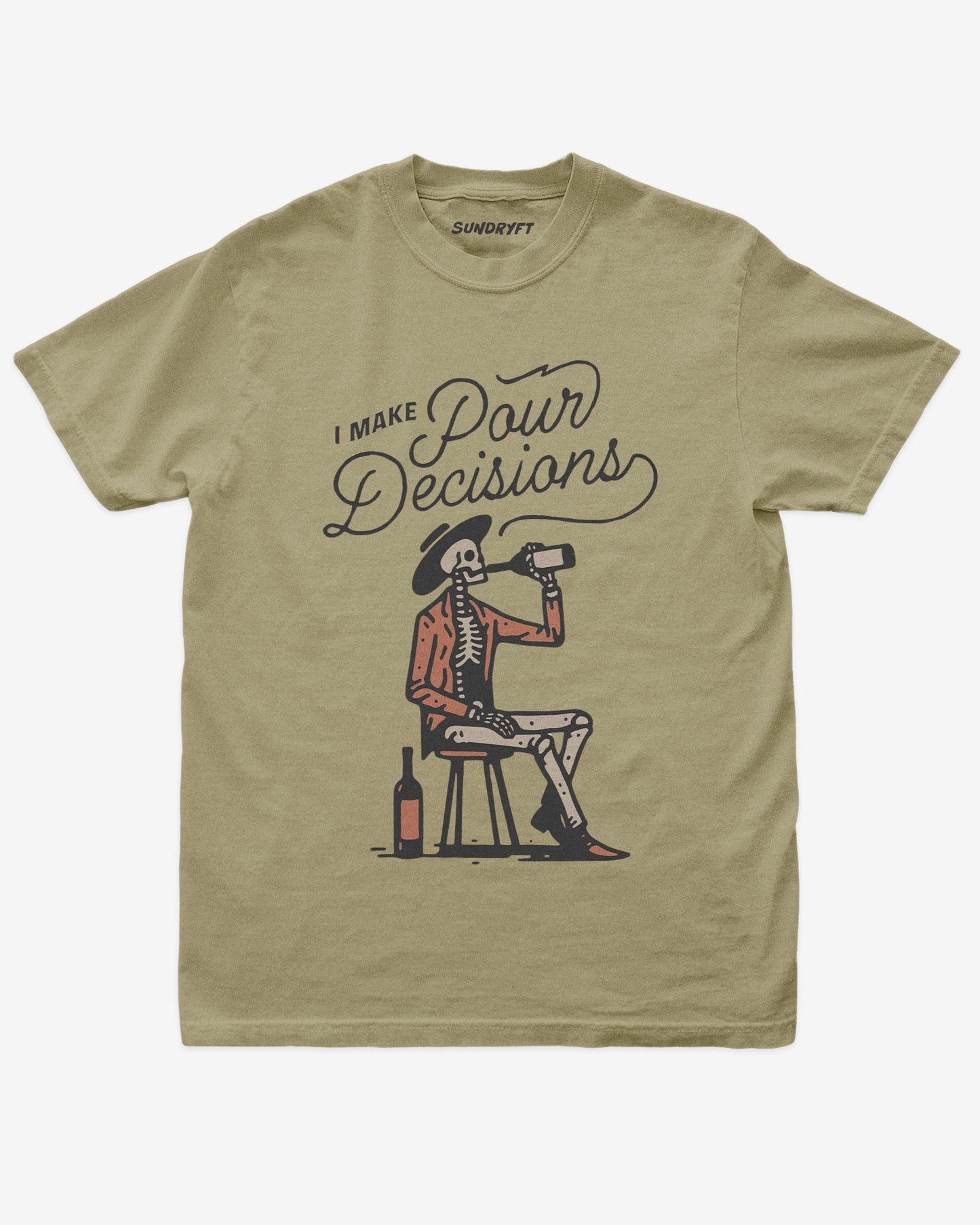 I Make Pour Decisions shirt in khaki with retro graphic cowboy skeleton drinking wine