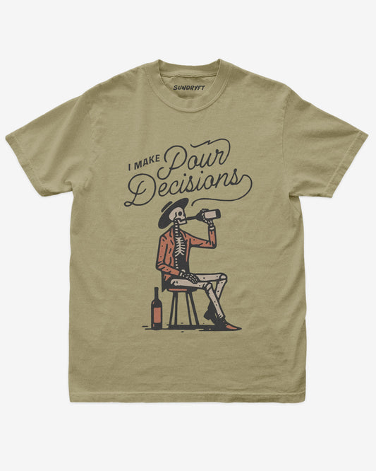 I Make Pour Decisions shirt in khaki with retro graphic cowboy skeleton drinking wine