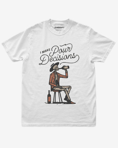 I Make Pour Decisions shirt in white with retro graphic cowboy skeleton drinking wine