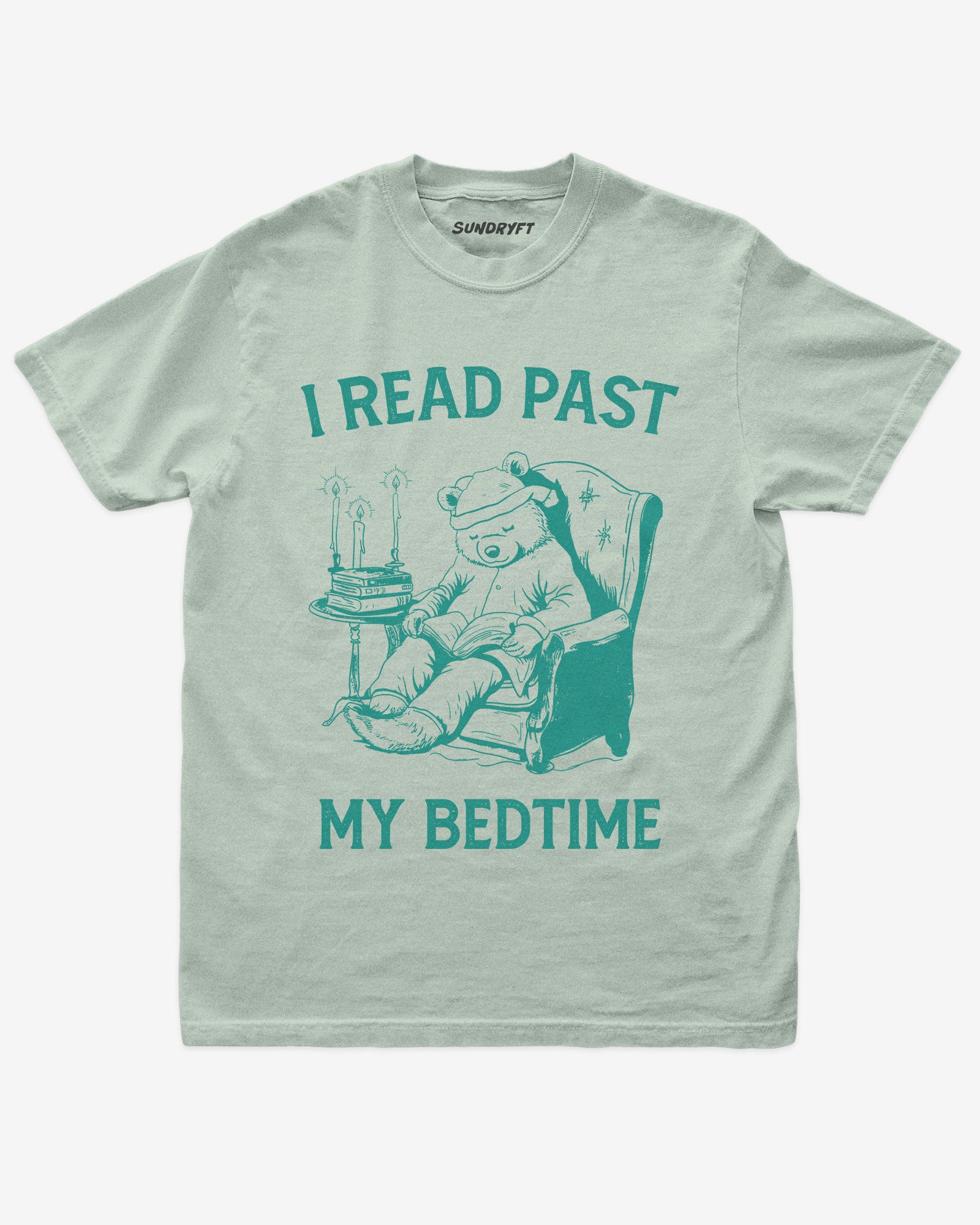 I Read Past My Bedtime shirt in bay with funny retro graphic of reading bear in armchair