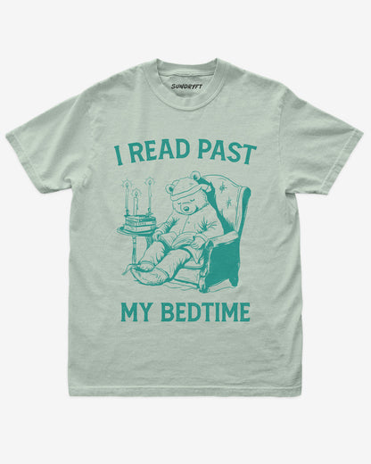 I Read Past My Bedtime shirt in bay with funny retro graphic of reading bear in armchair