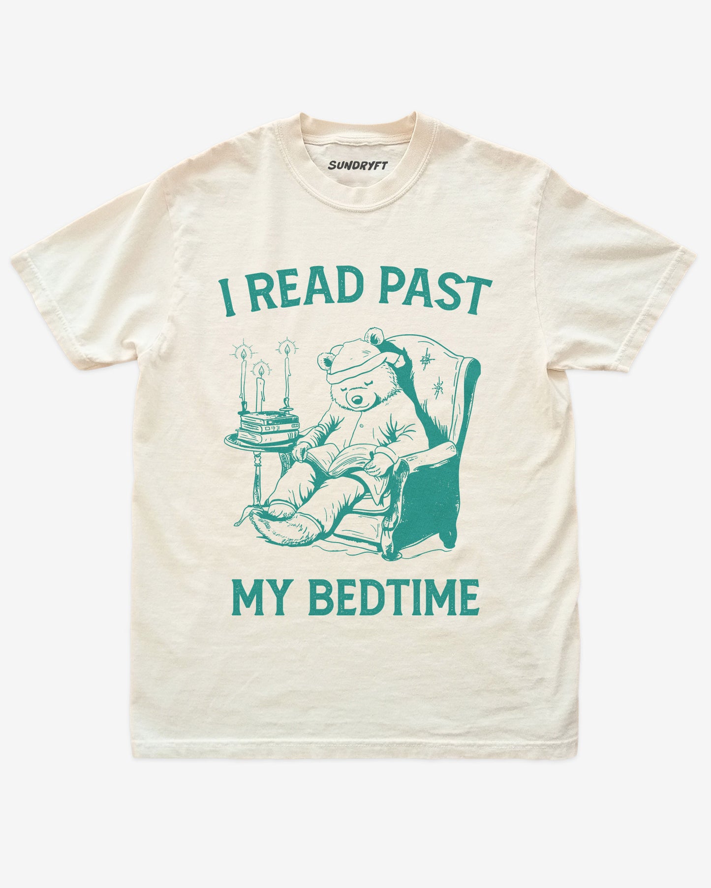 I Read Past My Bedtime shirt in ivory with funny retro graphic of reading bear in armchair