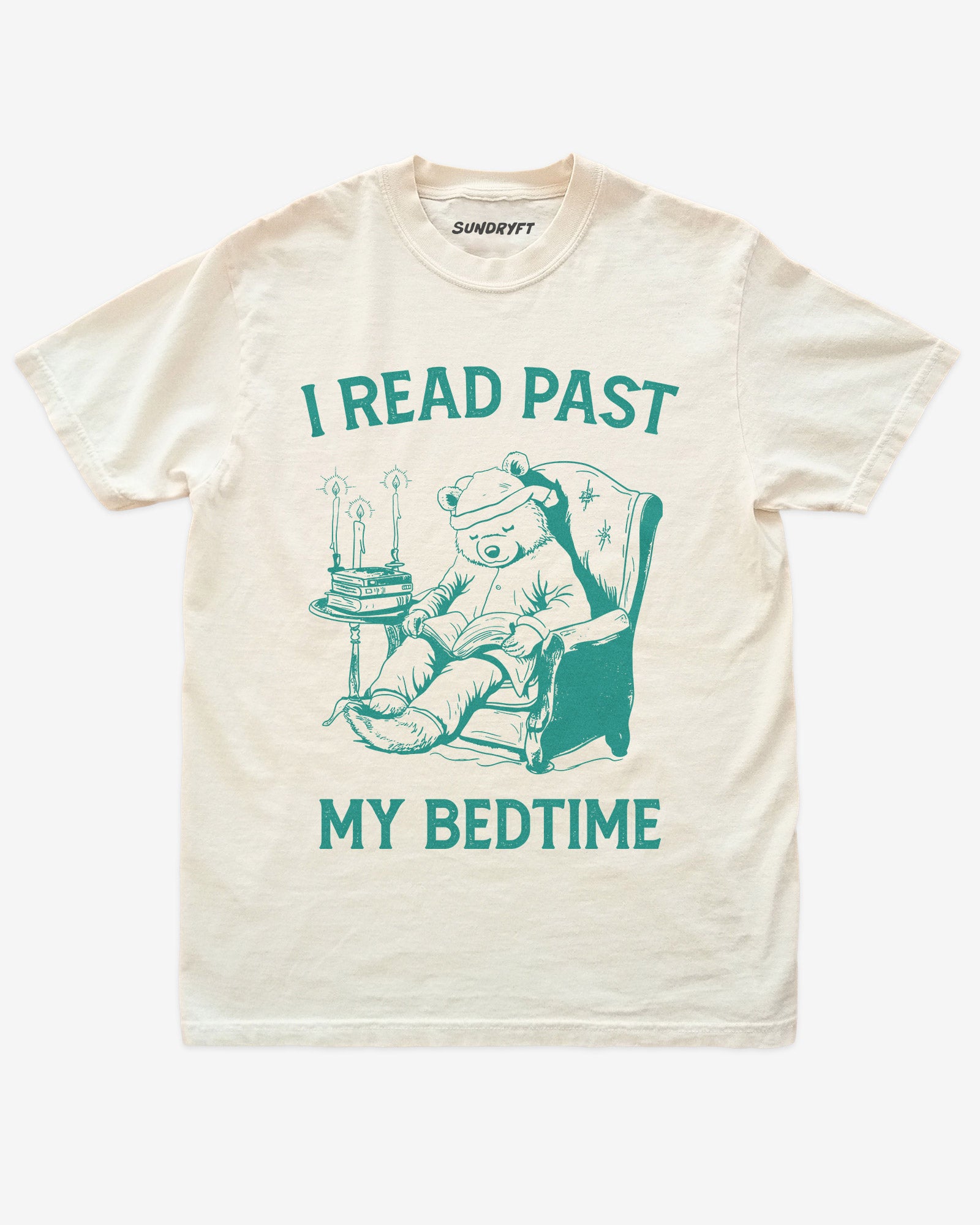 I Read Past My Bedtime shirt in ivory with funny retro graphic of reading bear in armchair