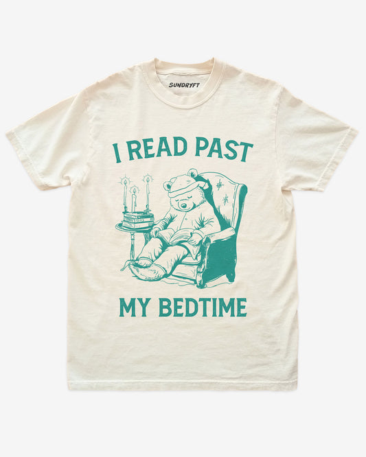 I Read Past My Bedtime shirt in ivory with funny retro graphic of reading bear in armchair