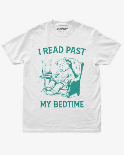 I Read Past My Bedtime shirt in white with funny retro graphic of reading bear in armchair