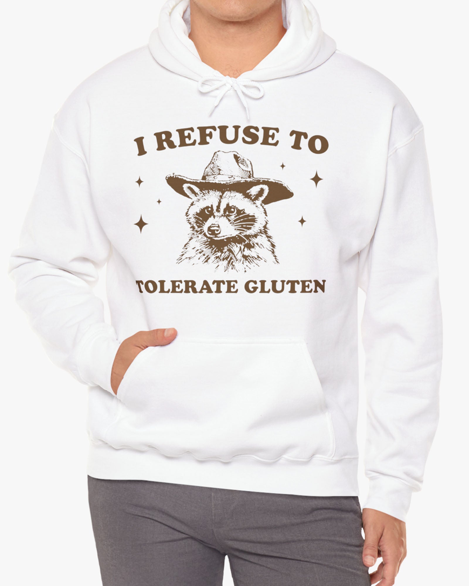 Man wearing an 'I Refuse To Tolerate Gluten' hoodie in white, featuring a retro western graphic design and unisex fit.