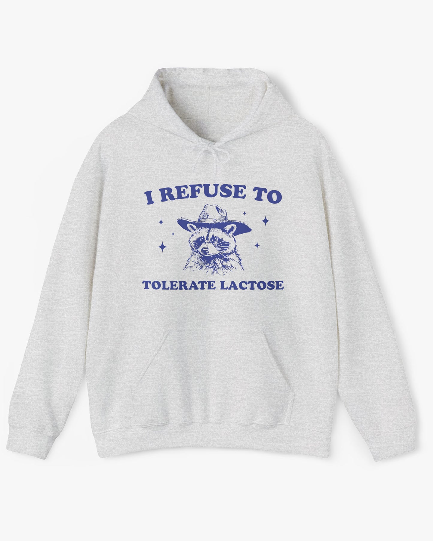 'I Refuse To Tolerate Lactose' shirt in ash gray, featuring a retro cowboy raccoon graphic design and unisex fit.