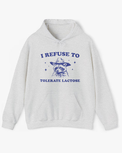 'I Refuse To Tolerate Lactose' shirt in ash gray, featuring a retro cowboy raccoon graphic design and unisex fit.