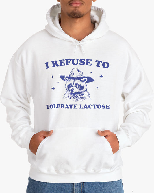 Man wearing an 'I Refuse To Tolerate Lactose' shirt in white, featuring a retro cowboy raccoon graphic design and unisex fit.