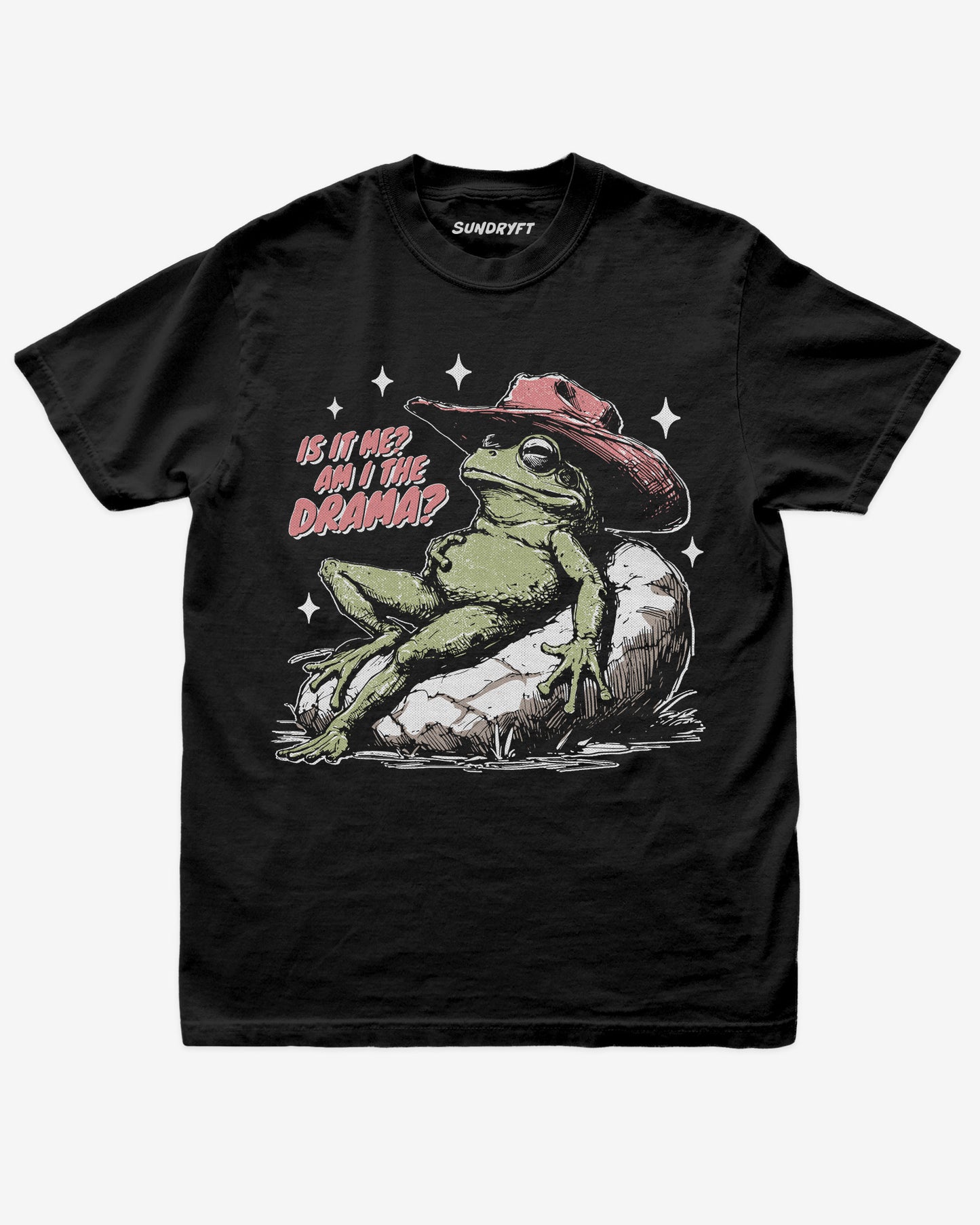 "Is It Me? Am I The Drama?" shirt in black with funny cowboy frog graphic