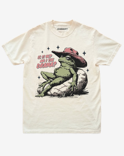 "Is It Me? Am I The Drama?" shirt in ivory with funny cowboy frog graphic