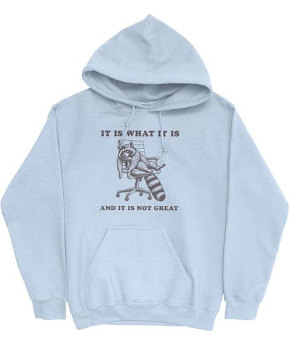 Flat lay of a light blue 'It Is What It Is And It Is Not Great' hoodie with a funny retro graphic of an exhausted raccoon sitting on a chair.