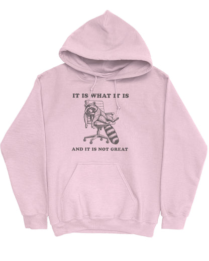 Flat lay of a light pink 'It Is What It Is And It Is Not Great' hoodie with a funny retro graphic of an exhausted raccoon sitting on a chair.
