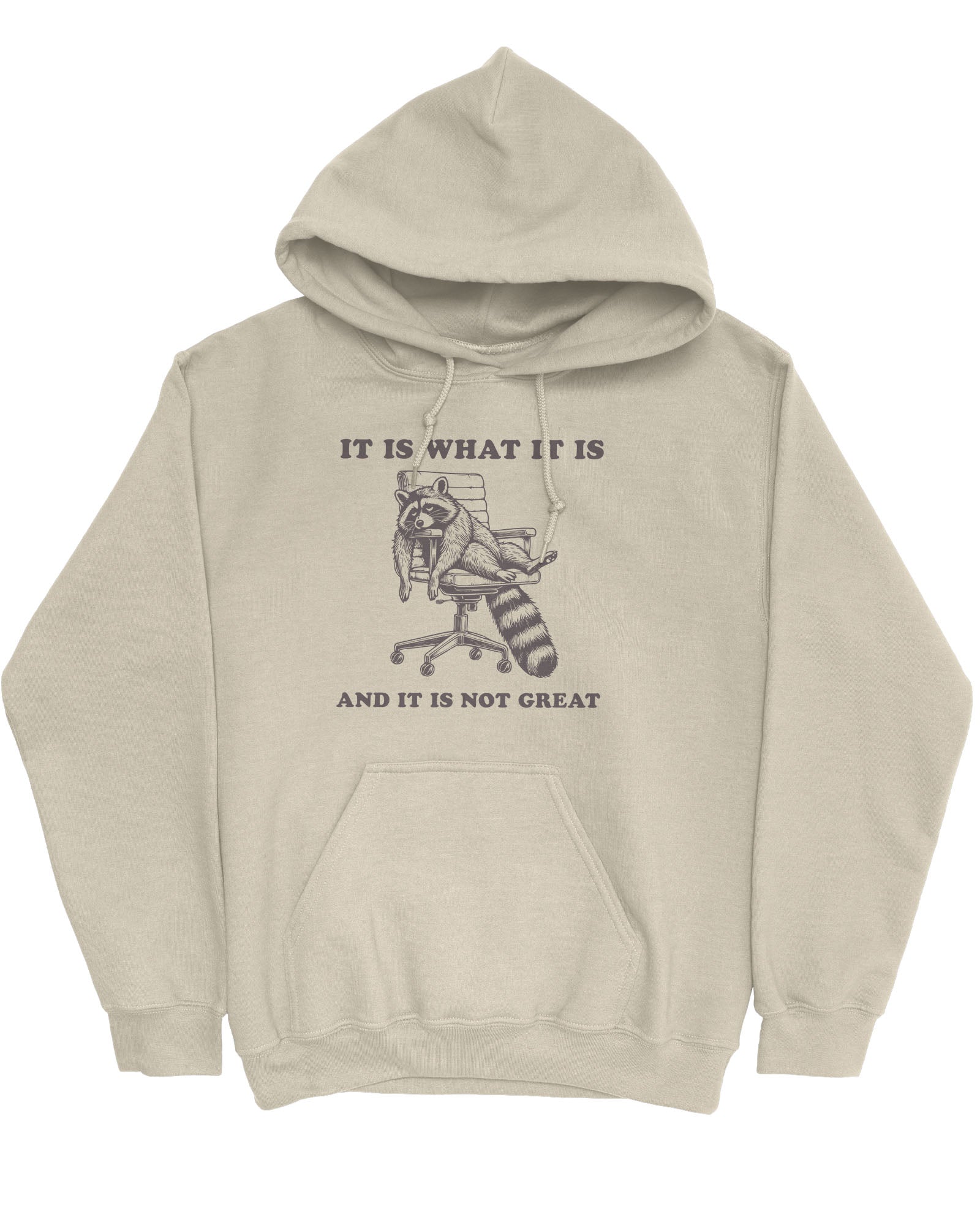 Flat lay of a sand beige 'It Is What It Is And It Is Not Great' hoodie with a funny retro graphic of an exhausted raccoon sitting on a chair.