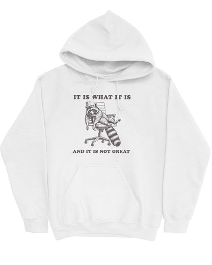 Flat lay of a white 'It Is What It Is And It Is Not Great' hoodie with a funny retro graphic of an exhausted raccoon sitting on a chair.