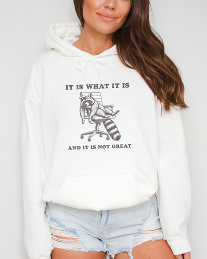 Woman wearing a white 'It Is What It Is And It Is Not Great' hoodie with a funny retro graphic of an exhausted raccoon sitting on a chair.