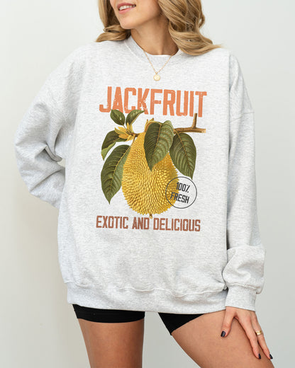 Model wearing ash color sweatshirt with jackfruit retro graphic design