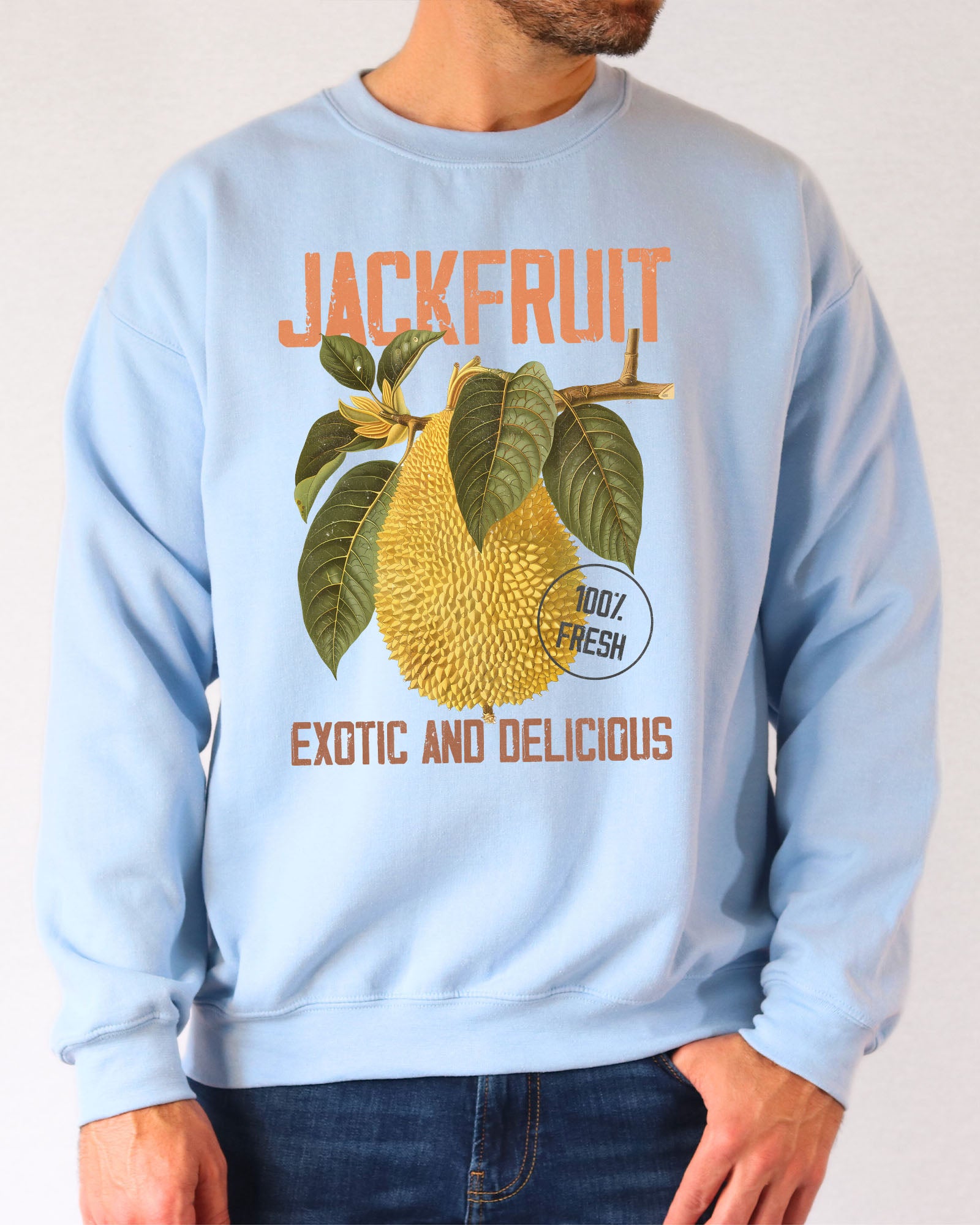 Model wearing light blue color sweatshirt with jackfruit retro graphic design