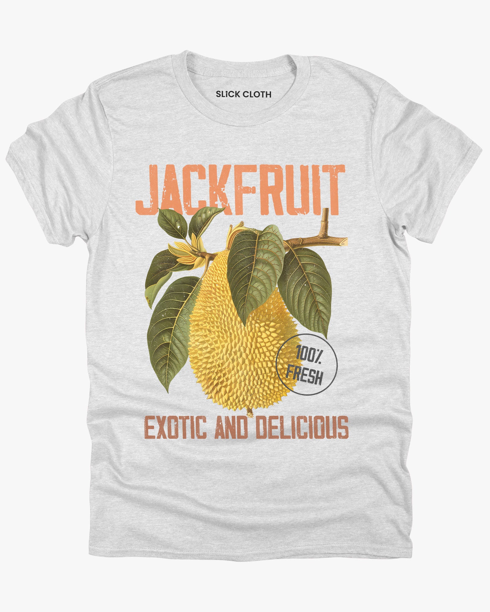 Flat lay ash gray Jackfruit t-shirt featuring a retro jackfruit commercial graphic with the quote 'Jackfruit - Exotic and Delicious.'