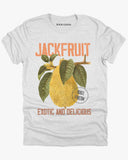 Flat lay ash gray Jackfruit t-shirt featuring a retro jackfruit commercial graphic with the quote 'Jackfruit - Exotic and Delicious.'