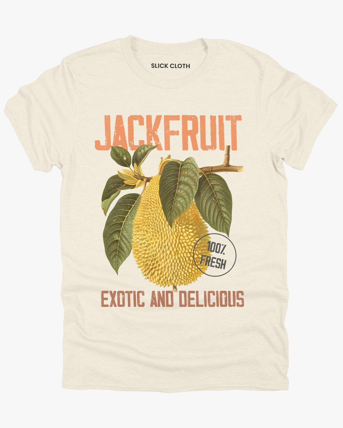 Flat lay natural-colored Jackfruit t-shirt featuring a retro jackfruit commercial graphic with the quote 'Jackfruit - Exotic and Delicious.'