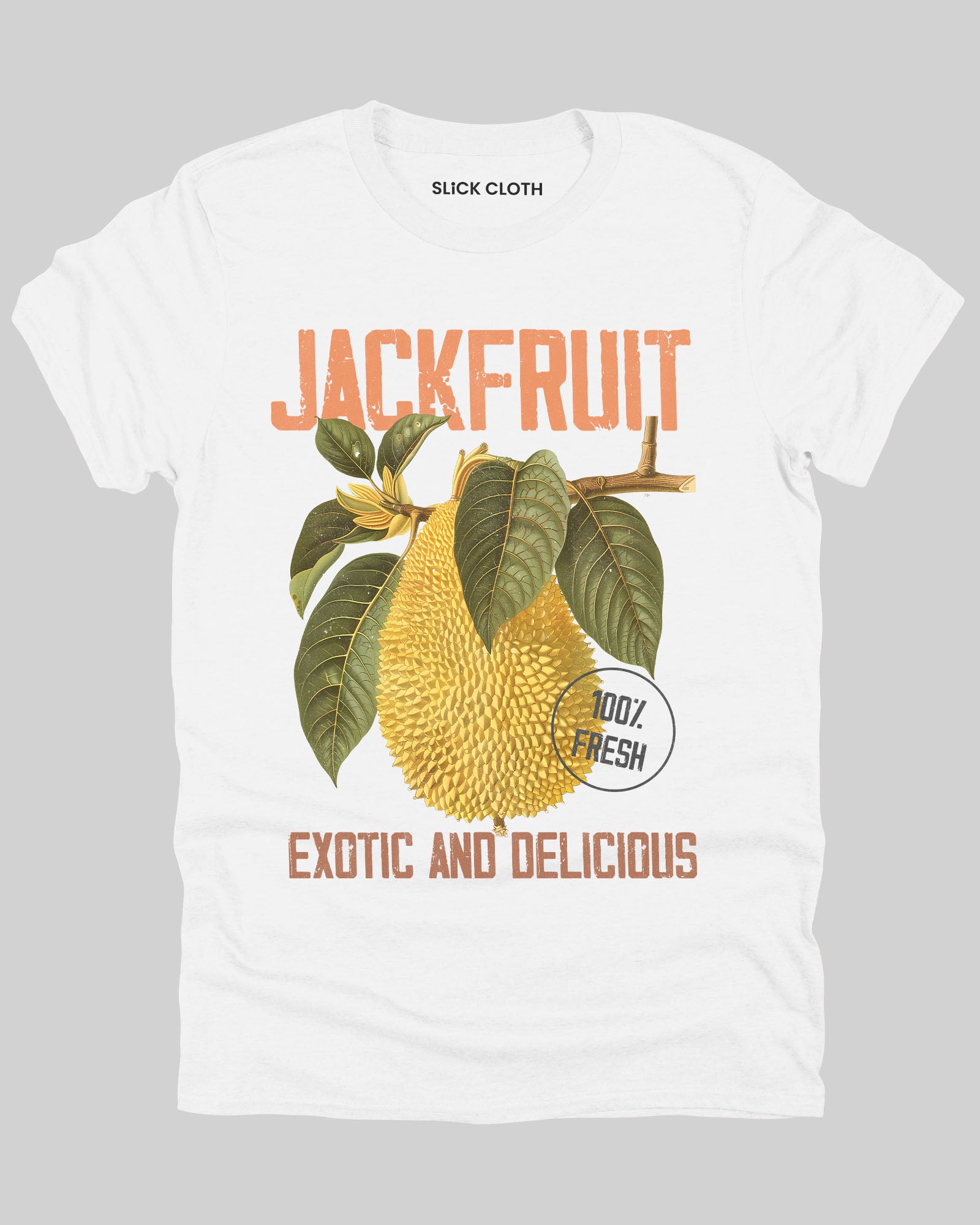 Flat lay white-colored Jackfruit t-shirt featuring a retro jackfruit commercial graphic with the quote 'Jackfruit - Exotic and Delicious.'