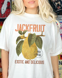 Woman wearing a white-colored Jackfruit t-shirt featuring a retro jackfruit commercial graphic with the quote 'Jackfruit - Exotic and Delicious.'